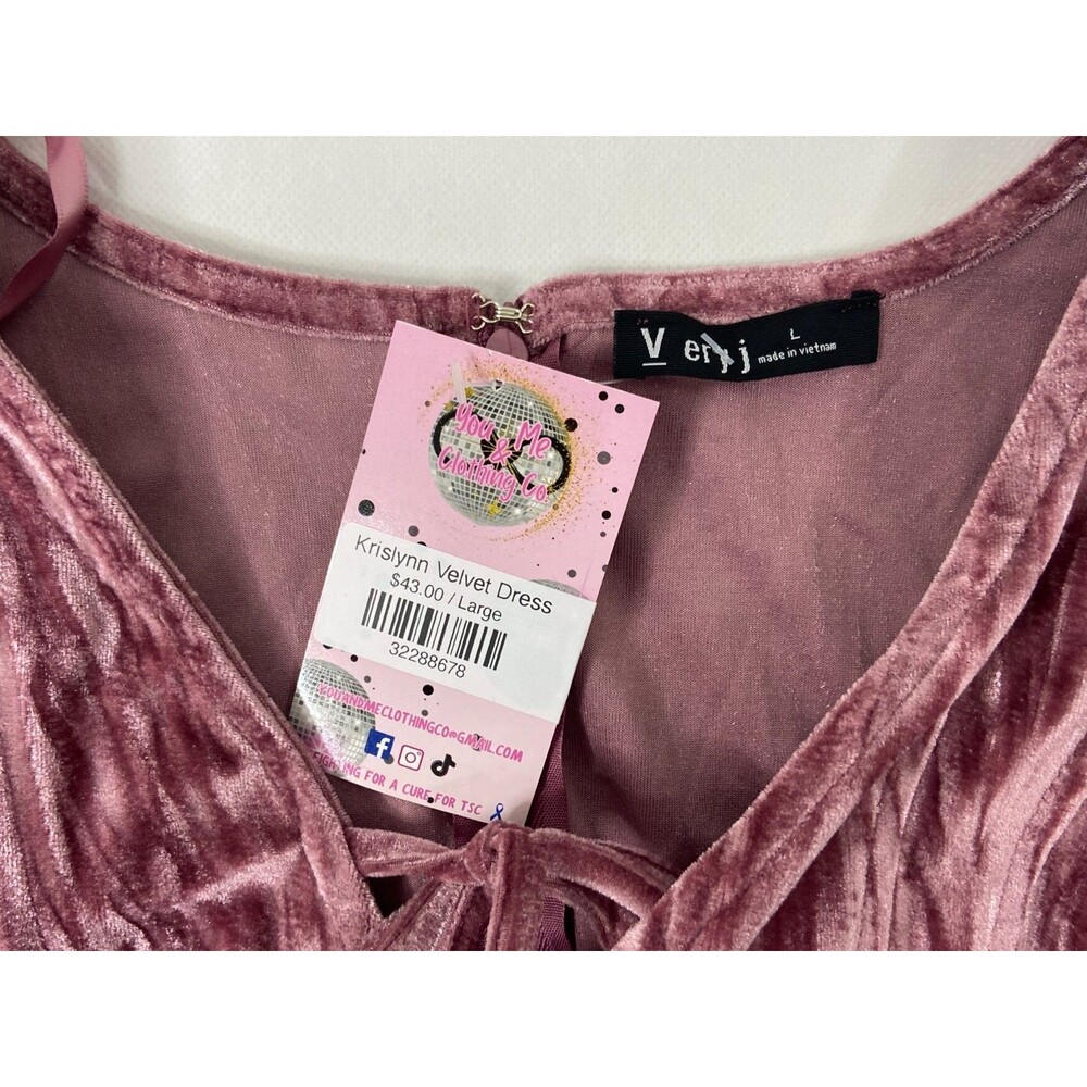 Very J Women Large Velvet Feel Short Dress Pink Tie Neck Party Casual - Picture 6 of 8